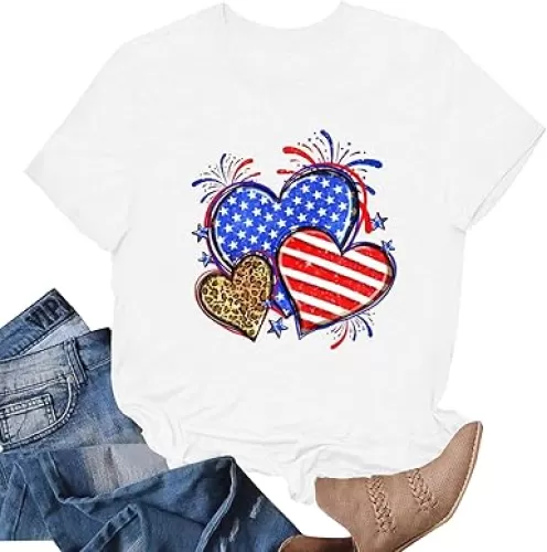 Patriotic Shirts July 4th Shirts for Women American Flag Heart T-Shirts USA Fourth of July Casual Tee Top