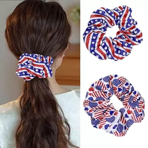 Patriotic Stain Hair Scrunchies for Hair - 2Pcs American Flag Star Heart Silk Hair Scrunchies Soft Hair Ties Fashion Hair Elastic Bands Ropes Ponytail Holder 4th of July USA Hair Accessories for Women