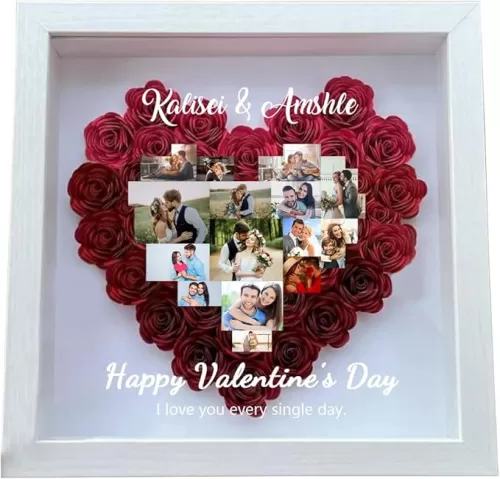 Personalized Heart Photo Collage Flower Shadow Box Frames, Custom Wooden Heart Collage Picture Frames, Rose Flower Shadow Box Gift for Girlfriend, Roses Flowers Gifts for Valentine's Day, Wedding