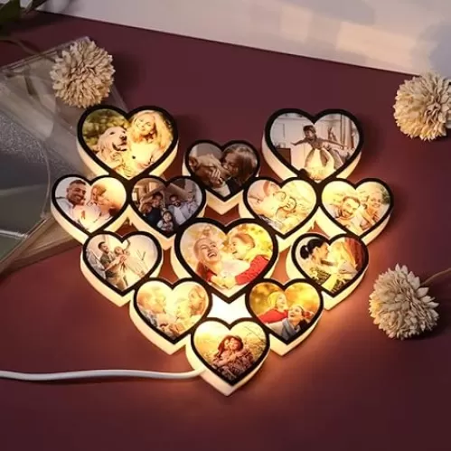 Personalized Multi Heart Photo Collage Wall Lamp LED Night Light Decor Custom Heart Collage Picture Frames Gifts for Couples Friends Family Customized Acrylic Photo Wall Light (Heart Collage)