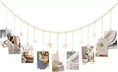 Photo String with Clips, Hanging Photos Display with Clips, Wooden Hearts Tags, Photo Hanging Clip String for Office Cubicle Decor, Cubicle Decorations for Women Desk, Nordic Boho Teenage Girl Room Decor