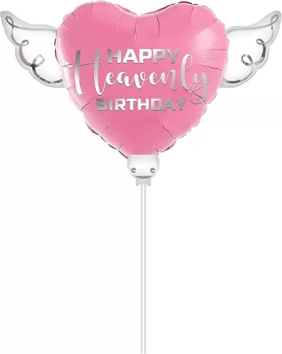 Pink Happy Heavenly Birthday Heart Balloon on a Stick with Angel Wings – Memorial & Remembrance