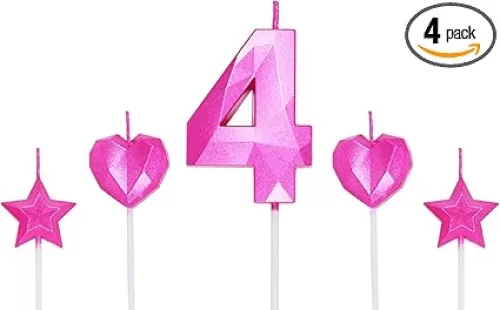 Pink Number 4 & Star Heart 3D Diamond Shaped Candles - 2.76 inch for Birthday Cakes & Cake Decorations