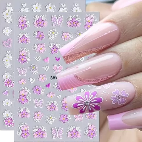 Pink White Daisy Flower Nail Stickers for Nail Art Supplies Spring Summer Flower Stickers for Nails Design Relief Floral Nail Decals Flowers Petals Heart Butterfly Sticker Nails Nail Accessories