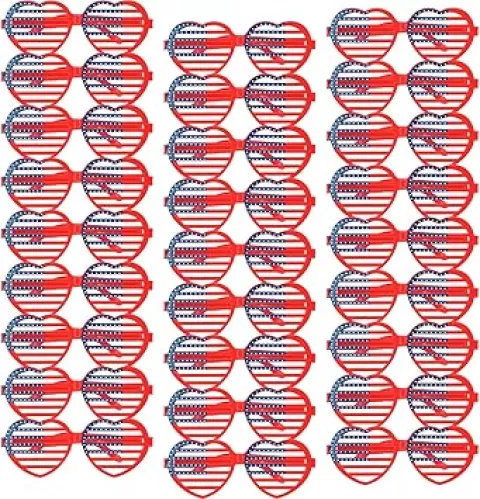 Poen 28 Pcs 4th of July Accessories Glasses American Flag Shutter Glasses Plastic Heart Shaped Sunglasses USA Independence Day Party Favors, Patriotic Decorations Red White and Blue Sunglasses