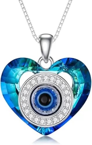 POPKIMI Evil Eye Necklace for Women - Sterling Silver Crystal Pendant With Heart - Fashion Jewelry Gifts