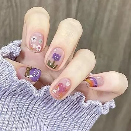 Press on Nails Short Coffin Shape, Summer Cute Flower Fake Nails with Rainbow Heart Design, Natural Glossy Full Cover Reusable False Nails with Sticky Tabs, Square Artificial Nails Stick on Nails