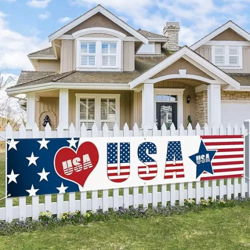 Probsin Large 4th of July Banner 120"x20" Decorations Independence Day Yard Sign Patriotic Hanging Decor American Heart Stars Party Supplies for Indoor Outdoor Fence Garage Balcony Garden Home Room