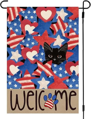 RABUSOFA Patriotic 4th of July Welcome Garden Flag 12x18 Inch Double Sided, Memorial Day Independence Day American Stars and Stripes Black Cat Love Heart Yard Outdoor Decoration
