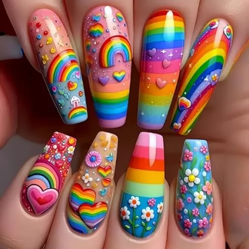 Rainbow Stripes Press on Nails Long Length Flower Love Heart Stripes Pattern Design Ballet Shaped Press Ons Stick on Nail Spring Summer False Nail Full Cover Artificial Acrylic Glue on Nail for Women