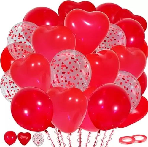 Red Balloons, 60 Pack Latex Heart and Confetti Balloons wiht Red Ribbon for Birthday Graduation Baby Shower Valentines Christmas Wedding Party Decorations