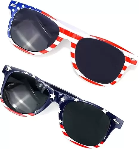 Red White Blue Sunglasses for Women USA Accessories, 2Pcs Square American Flag Glasses for Patriotic Outfits, Fourth of July Sunglasses for Men 4th of July Gifts
