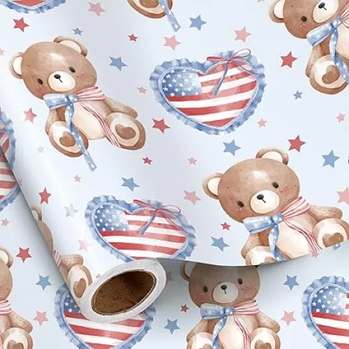 RUSPEPA Patriotic Bear Wrapping Paper Roll, Mini Roll, Red Blue Brown Bear with Balloon Heart Design Gift Wrap Paper, Perfect for 4th of July, Memorial Day, Independence Day, 17 Inches x 16.4 Feet