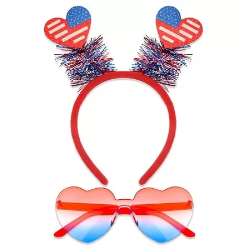Semato 2 PCS Patriotic Party Accessories Heart 4th of July Headband and Red White Blue Heart Sunglasses