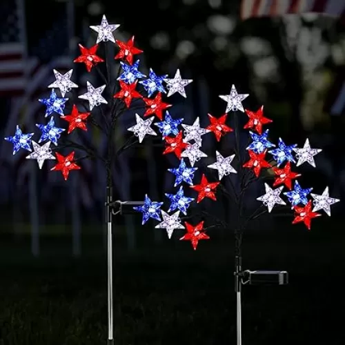 Solar 4th of July Stake Lights, Red White and Blue Lights Outdoor Decorations, Led Patriotic Lights Battery Operated for Memorial Day, July 4th, Veterans Day Outside Decor (2 Individual Pack)