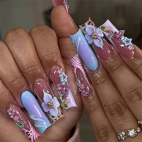 Square Press on Nails French Tip Fake Nails Long False Nails with 3D Flower Designs Artificial Nails Heart And Stars Glue on Nails Ombre Blue Glossy Summer Cute Stick on Nails for Women 24Pcs