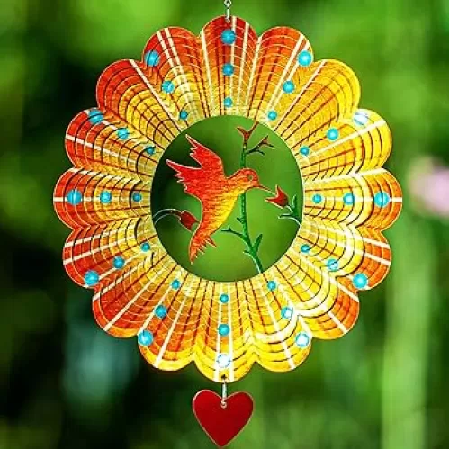 SteadyDoggie Wind Spinner - 12-Inch 3D Stainless Steel Lovebird Design with Heart Pendant - Laser Cut Metal Art Geometric Pattern - Hanging Kinetic Yard Garden Decor