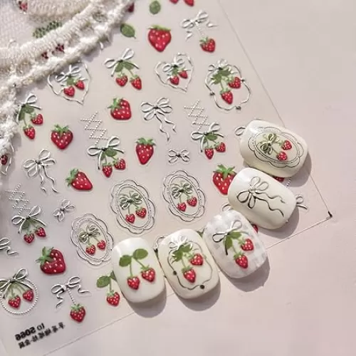 Strawberry Nail Art Stickers 5D Embossed Strawberry Jelly Nail Decals 1PCS Hot Stamped Gold Bow Heart Shape Star Design Adhesive Sliders Fruit Manicure Stickers for Summer Nails Art Decorations