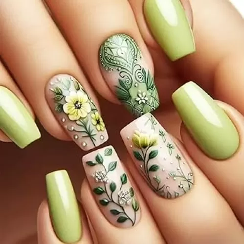 Summer Flower Press on Nails 24Pcs Wild Flowers Stick on Fingernails Curve Line Acrylic Fake Nail Glossy Green Leaves Medium Square False Nails Love Heart Gel Glue on Nail for Coquette Women Girls