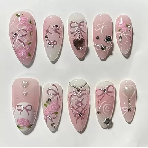Summer French Tip Press on Nails with Bow Heart Floral Design Medium Almond False Nails Full Cover Glossy False Nails Reusable Stick on Nail Glue on Nail for Daily Wear Nails 24Pcs