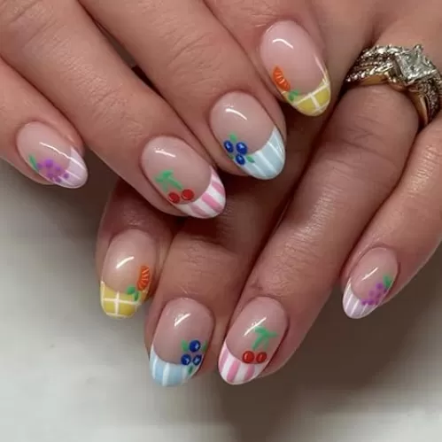 Summer Fruit Press On Nails Short Almond, Nude Fake Nails with Colorful Stripes and Fruit Designs, Glossy Gel Finish Acrylic Nails, Reusable Glue On Nails for Women Kit, 24Pcs