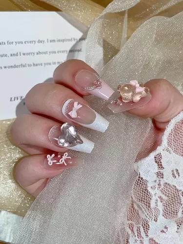 Summer Handmade French Press On Nails Fake Nails Coffin Nails with Crystal Rhinestones Heart, Bow & Pink Bear | Reusable nails with Soft Gel Adhesive Tabs & Tools 24pcs