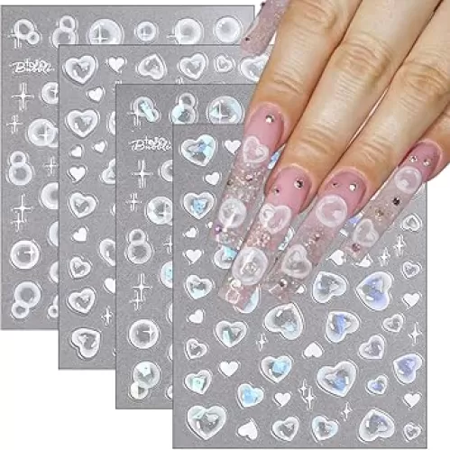 Summer Nail Art Design Bubbles Nail Stickers for Nail Art 3D Self-Adhesive Shell Light Design Cute Nail Decals Heart Nail Art Stickers Circular Bubble Nail Supplies Nail Accessories for Women 4Pcs