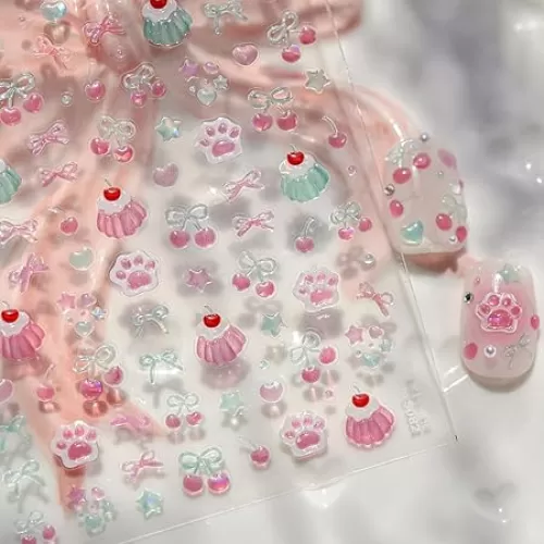 Summer Nail Art Stickers Decals Cherry Bow-Tie 5D Embossed Jelly Nail Decals 1PCS Shell Light Pudding Paw Star Heart Cute Summer Nails Design Adhesive Sticker for Women Manicure Nail Art Decorations