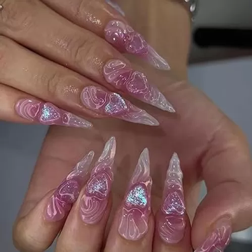 Summer Nails Almond Press on Nails Long RIICFDD French Tip Fake Nails Heart Nail Charms Designs Purple Red Full Cover False Nails Glitter Acrylic Press on Nail for Women Girls Cute Nails 24 Pcs