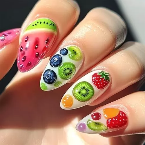Summer Press on Nails Medium Almond False Nails Fruit Full Cover Glue ons Nails Oval Acrylic Fake Nail Watermelon Strawberry Glossy Artificial Nail Reusable for Women