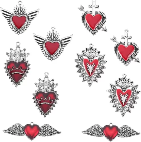 SUNNYCLUE 1 Box 20Pcs Gothic Heart Charm Silver Heart Enamel Charms Bulk Vintage Love Red Sacred Heart Mexican Milagro Halloween Charms for Jewelry Making Charm Valentine's Day Earrings DIY Crafts