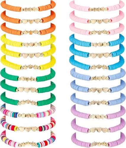 Sureio 24 Pcs Preppy Friendship Bracelets for Teen Girls Colorful Heart Star Crown Friendship Surfer Bracelets Cute Clay Beads Bracelets Bulk Surfer Bracelets for Back to School Party Favors Gifts