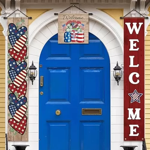 Tradder 3 Pcs 4th of July Decorations Red White and Blue Banner Patriotic Hanging American Flag Banners Porch Sign Stars Stripes Independence Day Memorial Day Veterans Outdoor Decor