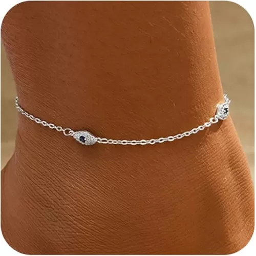 Trendy Anklets for Women Dainty Ankle Bracelet CZ Evil Eye Heart Layered Bracelets Set Gifts Summer Beach Jewelry