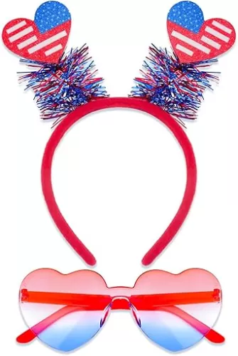 USA 4th of July Headband with Sunglasses Holiday Patriotic Headband Heart Sunglasses with Red Blue and White Style for Fourth of July Accessories Independence Day Party Decorations Favors