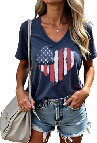 USA Flag T Shirt Women Star and Stripes Graphic V-Neck Tops Red White Blue 4th of July Short Sleeve Tees Patriotic Shirt, Blue