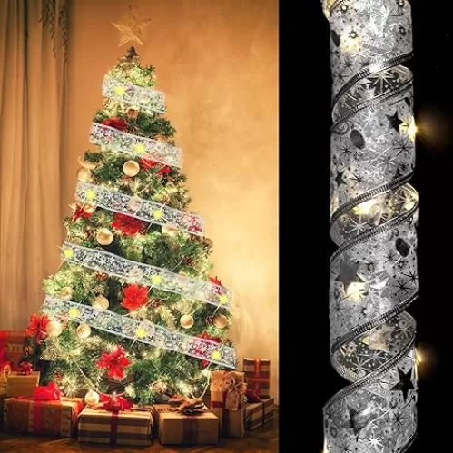 uxcell LED Lights Copper Wire Ribbon, 9.84Ft 30 Battery Powered Christmas Tree Decorations String for Party Weddings Christmas Tree (Silver, Warm Light)