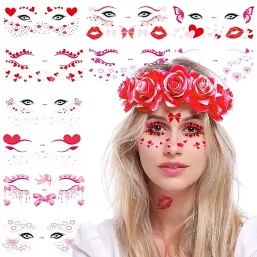 Valentine Red Heart Lips Temporary Tattoo Stickers Glitter Butterfly bows Waterproof Fake Freckle Tattoos Rave Face Body Makeup Accessories for Women Halloween Cosplay Party 10Sheets