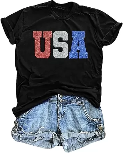 VVNTY USA Shirts Women: Red White and Blue T Shirt Sparkly American Flag Tshirt Patriotic 4th of July Outfits