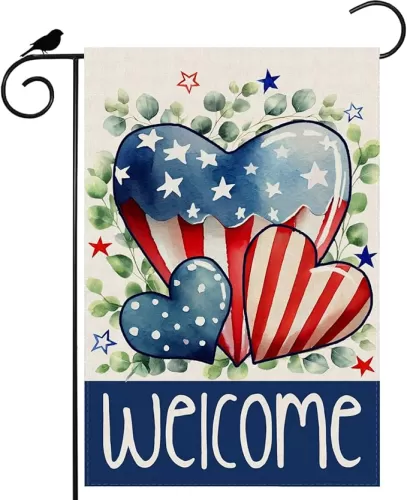 Welcome America Love Heart Eucalyptus Leaves Stars Patriotic 4th of July Memorial Day Independence Day Garden Flag Yard Flag 12x18 Inch Double Sided Small Mini Yard Outdoor Outside Holiday Decoration