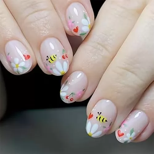 White Flowers Press on Nails Short Round Fake Nail with Bee Cherry Heart Designs Nude False Nails Acrylic Glue on Nail Spring Summer Full Cover Artificial Stick on Nail for Women 24 Pcs