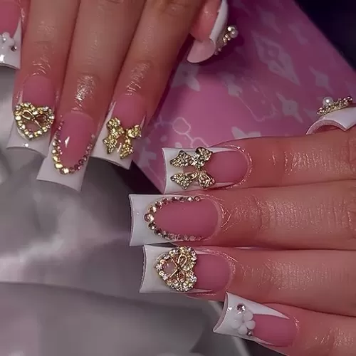 White French Tips Press on Nails Medium Duck False Nails with Gold Heart Bow Design 3D Rhinestones Fake Nails Glossy Skin Tones Flower Stick on Nails Summer Glue on Nails for Women Manicure 24Pcs