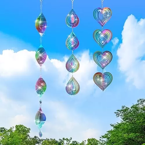 Wind Spinner Outdoor Rainbow Gradient 3D Metal Love Heart Fish Bone Water Drop, Highly Reflective Double-Sided Bird Reflectors to Keep Birds Away for Yard and Garden, Decor Christmas Ornaments