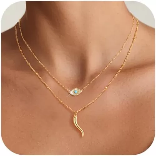 Women's Gold Evil Eye Necklace - 14K Gold Plated Evil Eye Choker Necklaces, Non Tarnish Layered Golden Italian Horn Charm Necklace, Lucky Spiritual Protection Jewelry Gifts for Girlfriend Sister Wife