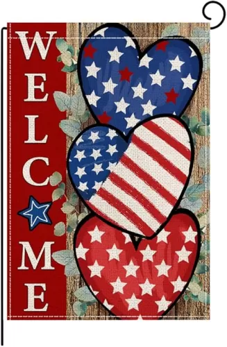 wyooxoo 4th of July Patriotic Welcome Garden Flag 12x18 Inch Double Sided Vertical USA Flag Hearts Blue Red Memorial Day Independence Day Garden Flag Yard Outdoor Decoration (H)