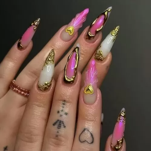 xl Tip Press on Nails Long Almond Fake Nails Gold Heart Design False Nails Pink Gradient Stick on Nails 3D Gold Stripe Full Cover Artificial Nails for Women Summer 24pcs