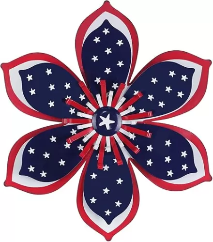 YEAHOME 4th of July Decorations Outdoor, 16" Red White and Blue Metal Flower Wall Art for Memorial Day Decor, Stars and Stripes Patriotic Decorations for Indoor Outdoor Garden Yard Lawn Porch