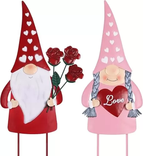 YEAHOME Valentines Day Decorations Outdoor, 2 PCS Gnomes Decorative Garden Stakes with Red Love Heart & Rose for Valentines Day Decor, Metal Yard Signs for Home Garden Porch Lawn Wedding Anniversary