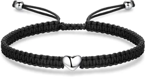 ZENI Heart Bracelet for Women, Black Rope Bracelet 925 Silver Handmade Braid Adjustable Bracelet Love Friendship Christmas Bracelet Gifts for Women Ladies