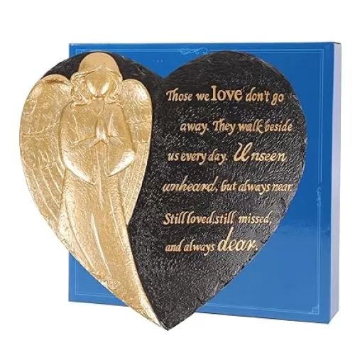 10 Inch Heart Shaped Angel Garden Mmeorial Stones, Memorial Stones for Loved Ones Outside, Memorial plaques for Outdoors, Memorial Garden Angel Decor, in Memory Garden Stones, Memorial Gifts (Black)